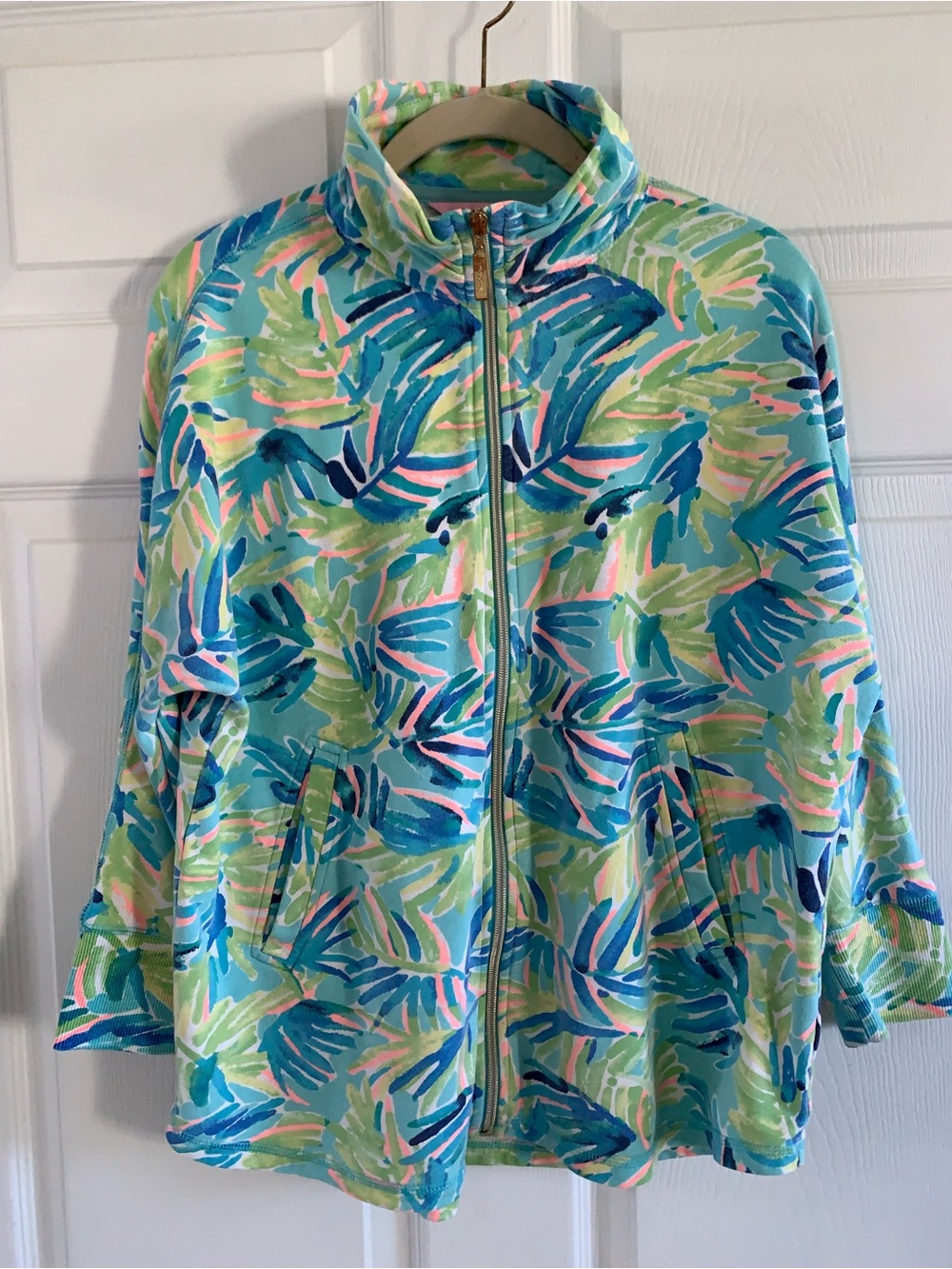 Lilly Pulitzer Aqua Tropical-Leaf Zip Jacket